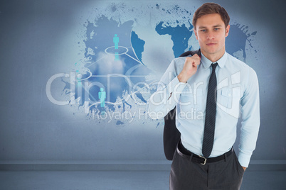 Composite image of serious businessman holding his jacket