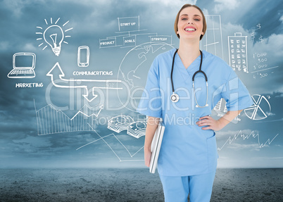 Composite image of young female doctor holding a notebook and la