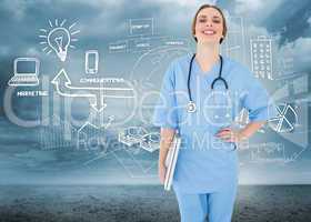 Composite image of young female doctor holding a notebook and la