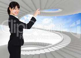 Composite image of smiling businesswoman pointing