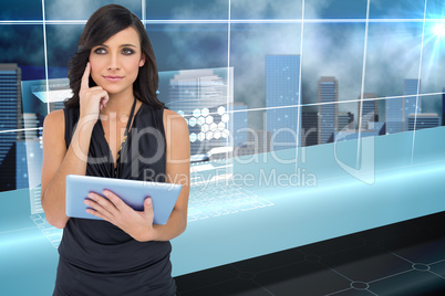 Composite image of thoughtful elegant brown haired model holding