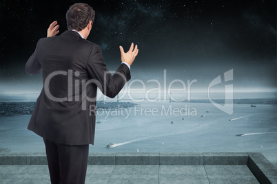 Composite image of stressed businessman gesturing