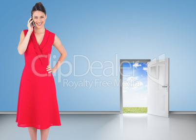 Composite image of cheerful elegant brunette in red dress on the