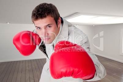 Composite image of confident businessman wearing boxing gloves