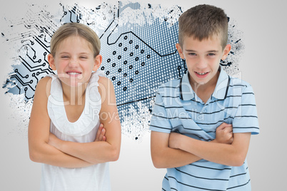 Composite image of smiling brother and sister posing together