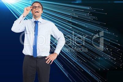 Composite image of thinking businessman tilting glasses