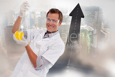 Composite image of young scientist working with a beaker