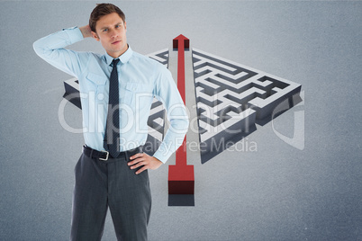 Composite image of thoughtful businessman with hand on head