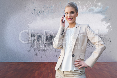 Composite image of cheerful elegant businesswoman on the phone