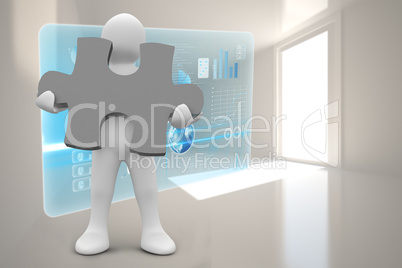 Composite image of white character holding jigsaw piece