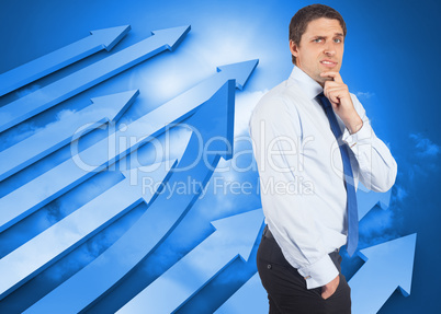 Composite image of thinking businessman touching his chin