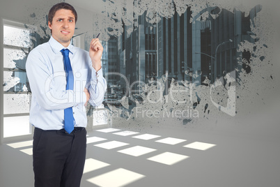 Composite image of thinking businessman holding pen