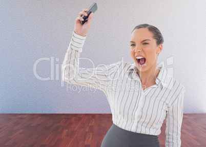 Composite image of offended businesswoman screaming and throwing