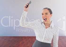 Composite image of offended businesswoman screaming and throwing