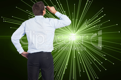 Composite image of thinking businessman tilting glasses