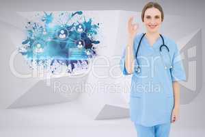 Composite image of woman doctor giving a signal that everything
