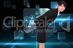 Composite image of smiling businesswoman bending