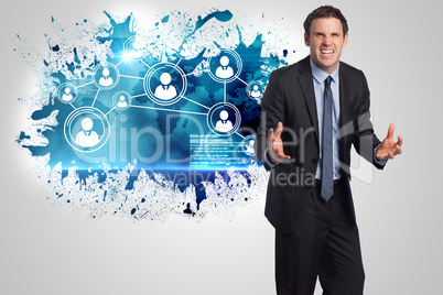 Composite image of stressed businessman gesturing