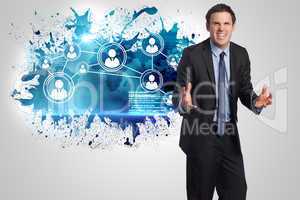 Composite image of stressed businessman gesturing