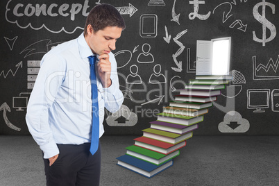 Composite image of thinking businessman touching his chin