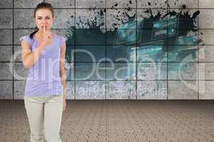 Composite image of young female asking for silence