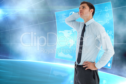 Composite image of thinking businessman with hand on head