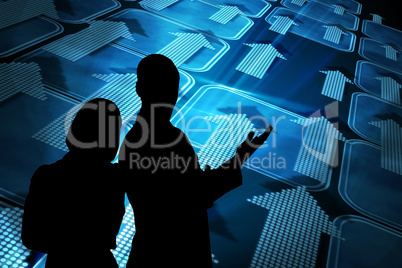 Composite image of blue squares and arrows on black background