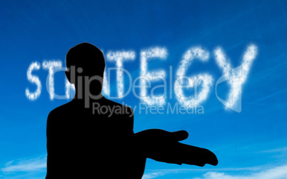 Composite image of strategy written in white in sky