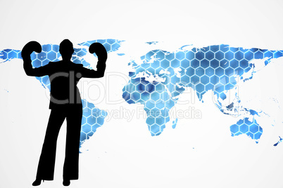 Composite image of background with hexagons and world map