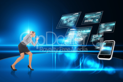 Composite image of furious businesswoman gesturing