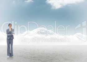 Composite image of smiling saleswoman in thoughts