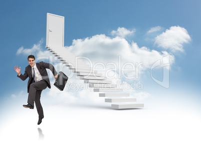 Composite image of happy businessman in a hury