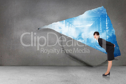 Composite image of serious businesswoman bending