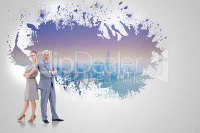 Composite image of serious businessman standing back to back wit