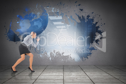 Composite image of furious businesswoman gesturing