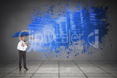 Composite image of happy businessman holding umbrella