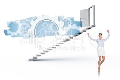 Composite image of excited brunette businesswoman jumping and ch