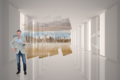 Composite image of stylish man smiling and gesturing