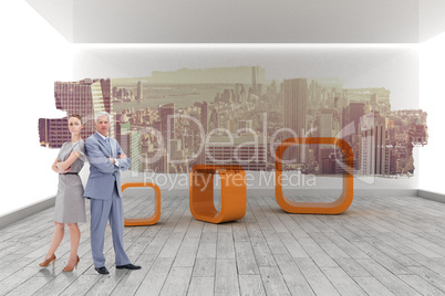 Composite image of serious businessman standing back to back wit