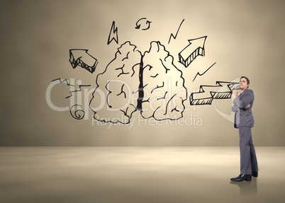 Composite image of thinking businessman holding glasses