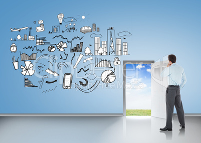 Composite image of thoughtful businessman with hand on chin Composite image of thoughtful businessman with hand on chin
