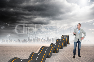 Composite image of stylish man smiling and gesturing