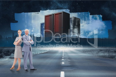 Composite image of serious businessman standing back to back wit
