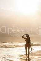 woman bikini surfer & surfboard sunset beach