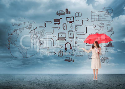 Composite image of attractive businesswoman holding red umbrella