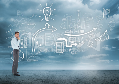 Composite image of thoughtful businessman with hand on chin