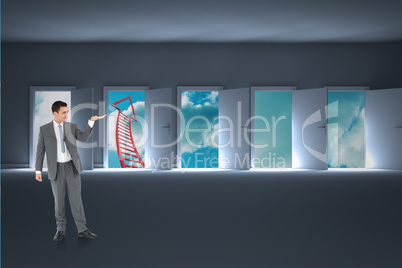 Composite image of businessman looking at what he is presenting