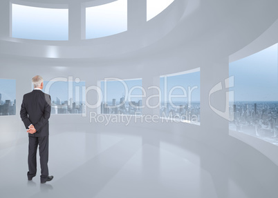 Composite image of rear view of mature businessman posing