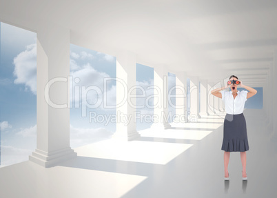 Composite image of shocked elegant businesswoman looking through