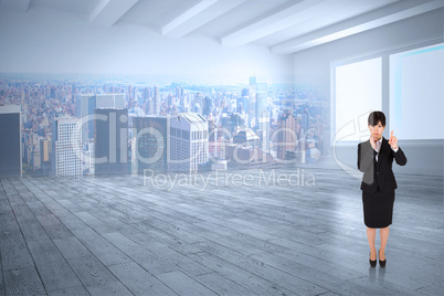 Composite image of thoughtful businesswoman pointing